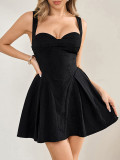 Women's Jacquard Strap Sexy Low Back Ruffle Short Dress
