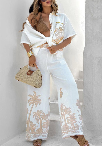 Summer Women's Casual Linen Short Sleeve Turndown Collar Shirt and Pants Set