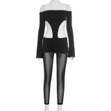 Women Fall Sexy Off-Shoulder Backless Long-Sleeved Mesh Patchwork Jumpsuit