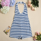 Summer Women's Slim Fit Lace-Up Halter Neck Striped Jumpsuit