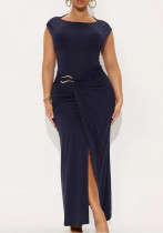 Summer Women's Fashion Chic Solid Round Neck Slim Fit Slit Dress Summer Women's Fashion Chic Solid Round Neck Slim Fit Slit Dress