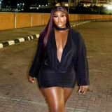 Women Fall Solid Casual V-Neck Long-Sleeved Top and Mini Skirt Two-Piece Set