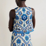 Summer Women's Slim Fit Blue Print Round Neck Top and Short Skirt Set