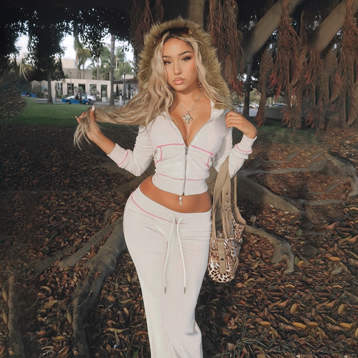 Women American-Style Fall/Winter Sport Velvet Letter Print Fur Collar Hooded Long-Sleeved Jacket and Pants Two-Piece Set