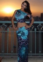 Summer Women's Chic Printed Slash Shoulder Lace-Up Slim Low-Waist Long Skirt Set