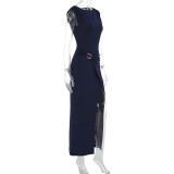 Summer Women's Fashion Chic Solid Round Neck Slim Fit Slit Dress