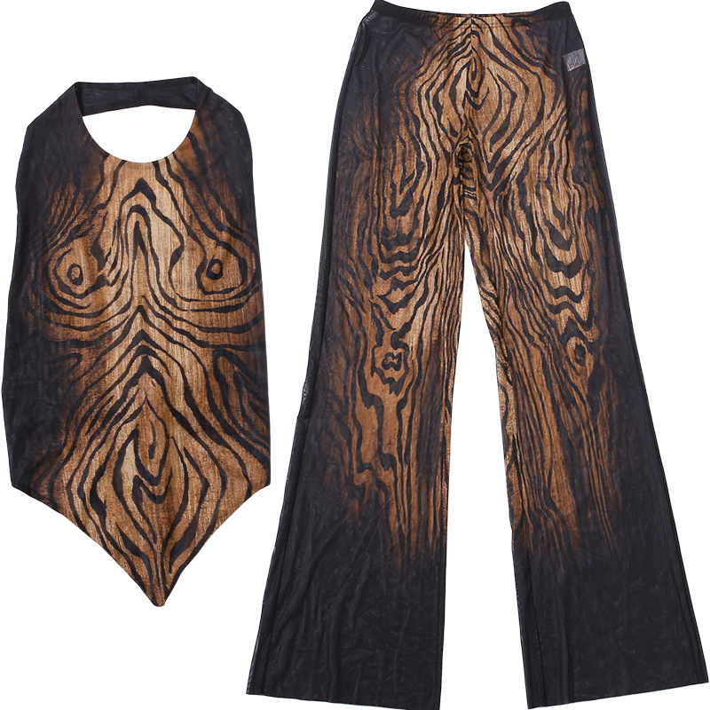 Autumn Women's Graffiti Print Sleeveless Halter Tank Top Tight Fitting Pants Set