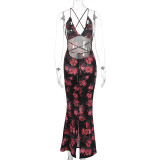 Summer Women's Fashion Floral Low-Cut Tight Fitting Slim Waist Strap Dress