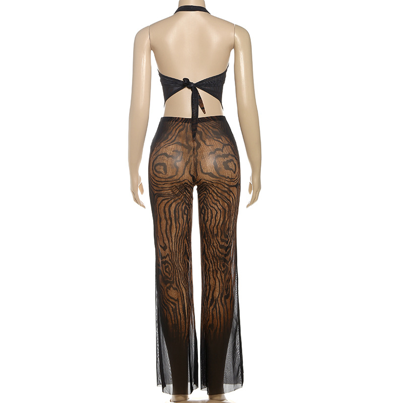 Autumn Women's Graffiti Print Sleeveless Halter Tank Top Tight Fitting Pants Set