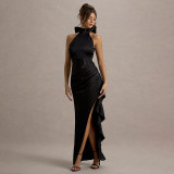 Women's Lace-up High Neck Slit Ruffle Formal Party Dress