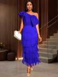 Elegant Solid Color Slash Shoulder Big Bow Fringe Formal Party Dress