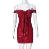 Summer Women's Low Back Lace-Up Mesh Jacquard Off Shoulder Bodycon Dress