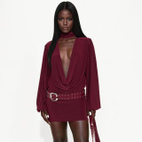 Women Fall Solid Casual V-Neck Long-Sleeved Top and Mini Skirt Two-Piece Set