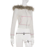 Women American-Style Fall/Winter Sport Velvet Letter Print Fur Collar Hooded Long-Sleeved Jacket and Pants Two-Piece Set