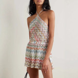 Summer Women's Sexy Print Multi-Color Wave Low Back Halter Neck Slit Jumpsuit