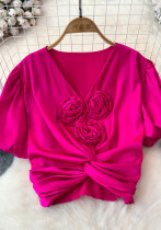 Spring Summer Women's Floral Knot Slim Fit Short V-Neck Puff Sleeves Shirt