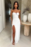 Summer Women's Fashion Chic Sexy Ruffle Strapless Slit Long Dress
