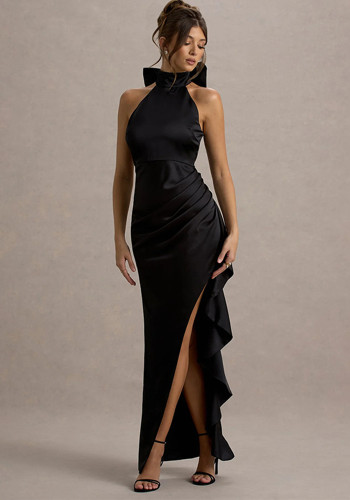 Women's Lace-up High Neck Slit Ruffle Formal Party Dress