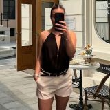 Women's Sexy Solid Deep V Halter Neck Sleeveless Slim Fit Tank Top