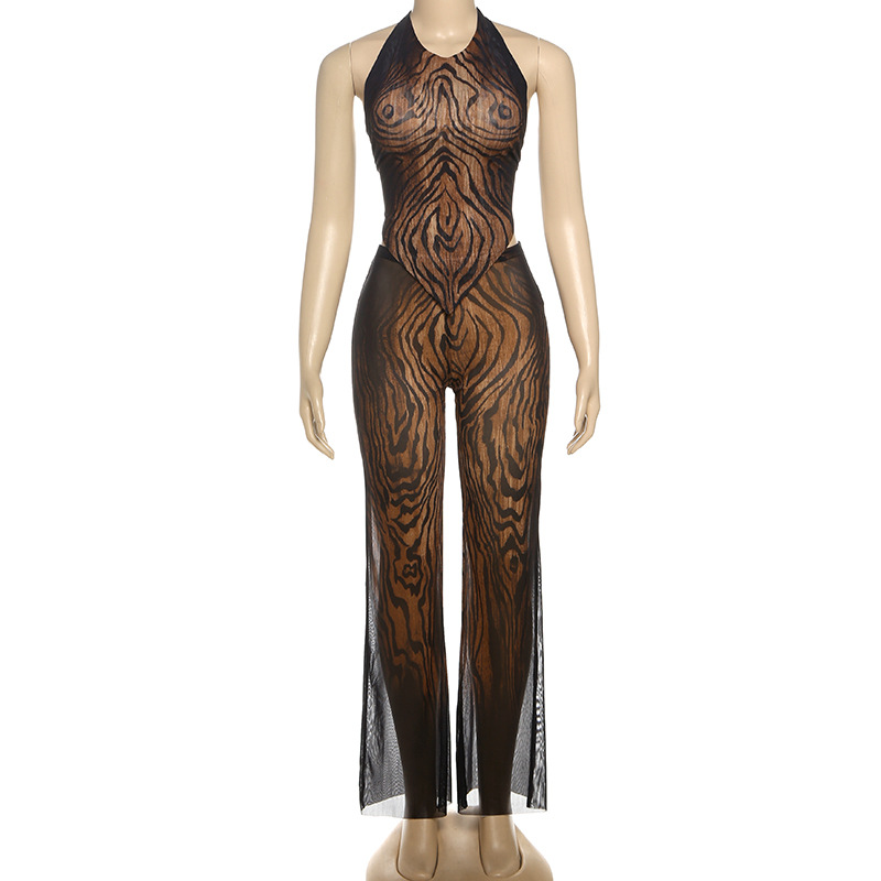 Autumn Women's Graffiti Print Sleeveless Halter Tank Top Tight Fitting Pants Set