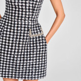 Women's Chic Slim Fit Round Neck Beaded Plaid Mini Dress