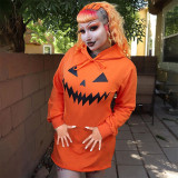 Women's Halloween Pumpkin Print Long Sleeve Drawstring Hooded Dress