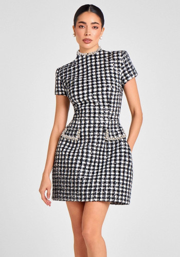 Women's Chic Slim Fit Round Neck Beaded Plaid Mini Dress