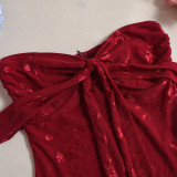 Summer Women's Low Back Lace-Up Mesh Jacquard Off Shoulder Bodycon Dress