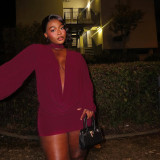 Women Fall Solid Casual V-Neck Long-Sleeved Top and Mini Skirt Two-Piece Set