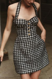 Women's Black and White Plaid Tweed Halter Neck Slim Waist Party Short Dress