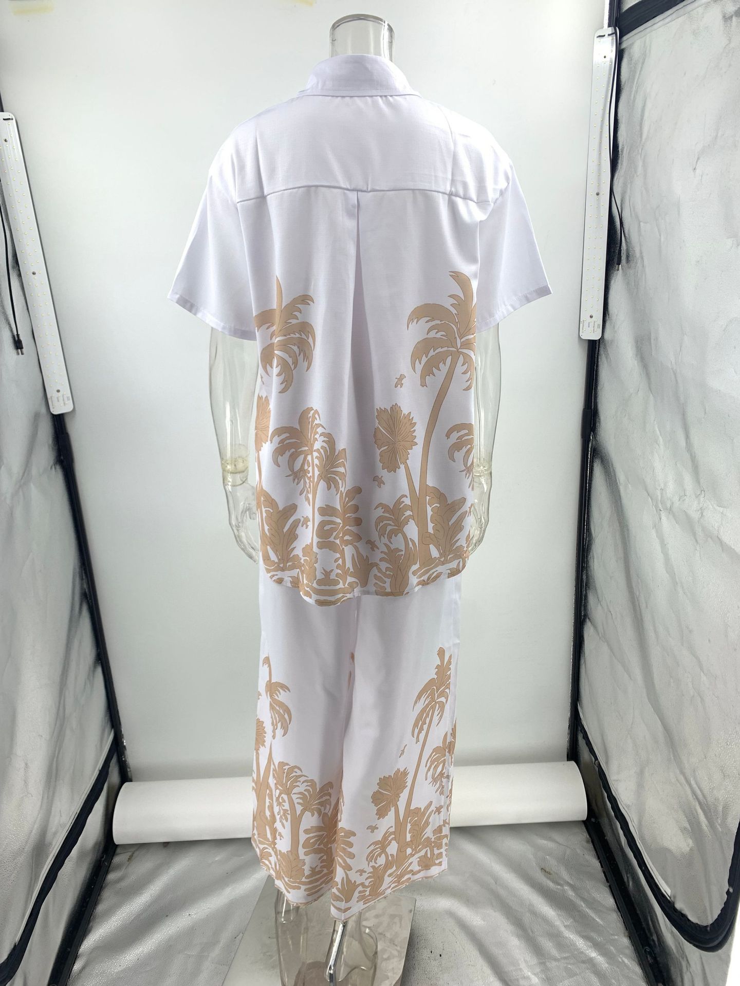 Summer Women's Casual Linen Short Sleeve Turndown Collar Shirt and Pants Set