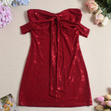 Summer Women's Low Back Lace-Up Mesh Jacquard Off Shoulder Bodycon Dress