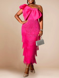 Elegant Solid Color Slash Shoulder Big Bow Fringe Formal Party Dress