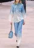 Autumn Women's Fashion Premium Gradient Denim Single-Breasted Shirt and High-Waisted Bell Bottom Pants Set