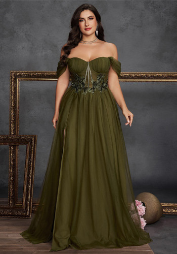 Women's Plus Size Embroidered Slit A-Line Elegant Fashion Long Formal Party Gown