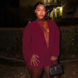 Women Fall Solid Casual V-Neck Long-Sleeved Top and Mini Skirt Two-Piece Set