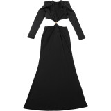 Autumn Women's Fashion Sexy Open Waist V-Neck Long Sleeve Bodycon Dress