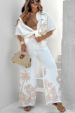 Summer Women's Casual Linen Short Sleeve Turndown Collar Shirt and Pants Set