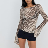 Autumn Women's Zebra Print Long Sleeve See-Through Leopard Print Shirt
