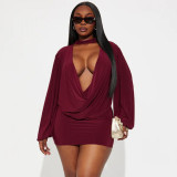 Women Fall Solid Casual V-Neck Long-Sleeved Top and Mini Skirt Two-Piece Set