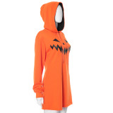 Women's Halloween Pumpkin Print Long Sleeve Drawstring Hooded Dress