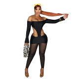 Women Fall Sexy Off-Shoulder Backless Long-Sleeved Mesh Patchwork Jumpsuit