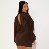 Women Fall Solid Casual V-Neck Long-Sleeved Top and Mini Skirt Two-Piece Set