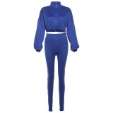 Women Sexy Drawstring Zipper Crop Top and Solid Pants Two Piece Set