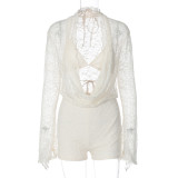 Women  Sexy Basics Bra and Cutout Collar Patchwork Lace Long Sleeve Jumpsuit Two-Piece Set