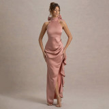 Women's Lace-up High Neck Slit Ruffle Formal Party Dress