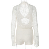 Women  Sexy Basics Bra and Cutout Collar Patchwork Lace Long Sleeve Jumpsuit Two-Piece Set