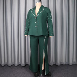 Women's Sexy V-Neck Beaded Long Sleeve Blazer Slit Straight-Leg Pants Set