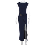 Summer Women's Fashion Chic Solid Round Neck Slim Fit Slit Dress