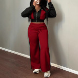 Autumn Winter Color Block Hooded Hoodie with Straight Leg Pants Trendy Women Two-Piece Set